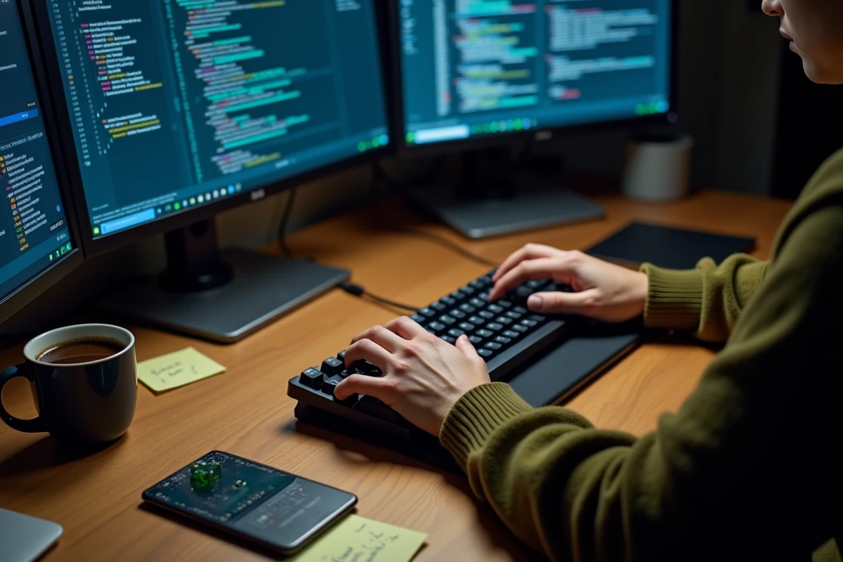 Développeur codant sur un ordinateur avec des interfaces d'intelligence artificielle affichées à l'écran