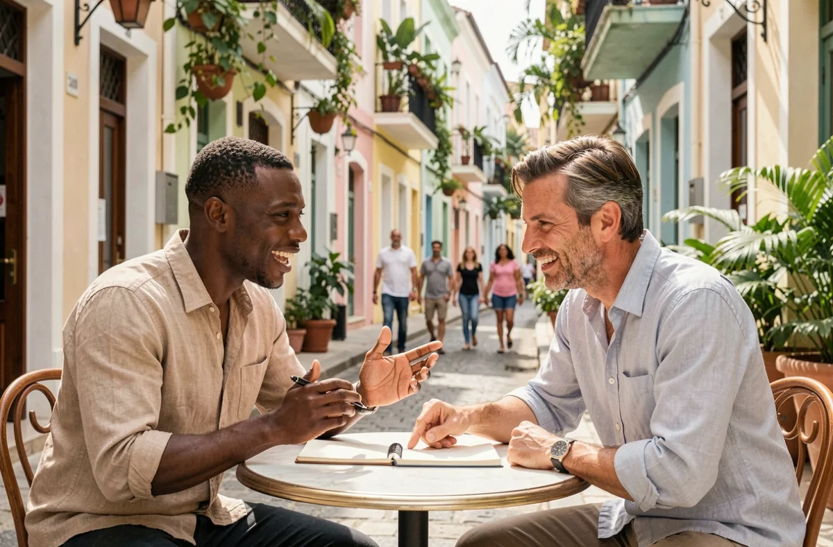 Deux hommes en conversation sur une terrasse de café créole discutant de linguistique et de traduction