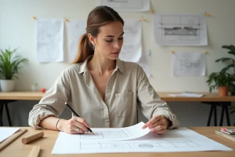Designer comparant un dessin à la main et une mise en page graphique imprimée sur un bureau de studio créatif