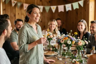Femme prononçant un discours d'amitié lors d'un anniversaire autour d'une table décorée