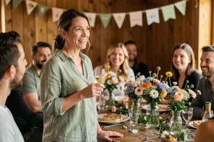 Femme prononçant un discours d'amitié lors d'un anniversaire autour d'une table décorée
