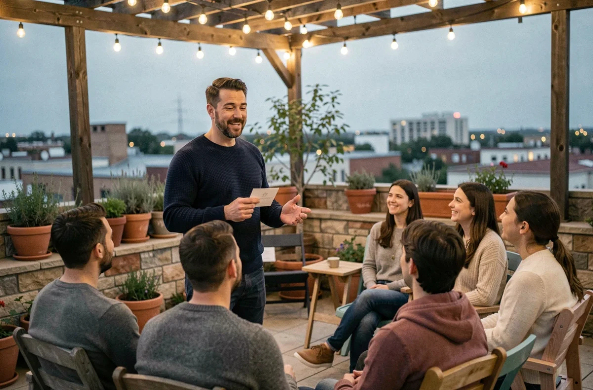 Homme lisant un discours d'amitié à ses proches lors d'une fête d'anniversaire en terrasse