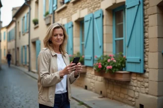 Femme photographiant la façade d'une maison en pierre avec son smartphone dans une rue pavée, illustrant le droit à l'image des biens immobiliers