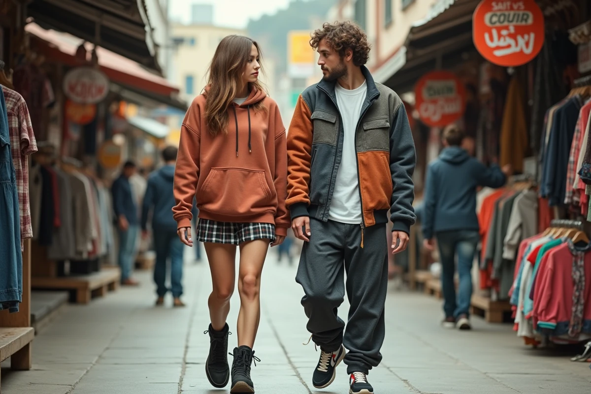 Deux amis en tenue street style marchant dans un marché vintage urbain animé, looks streetwear colorés et layering contemporain