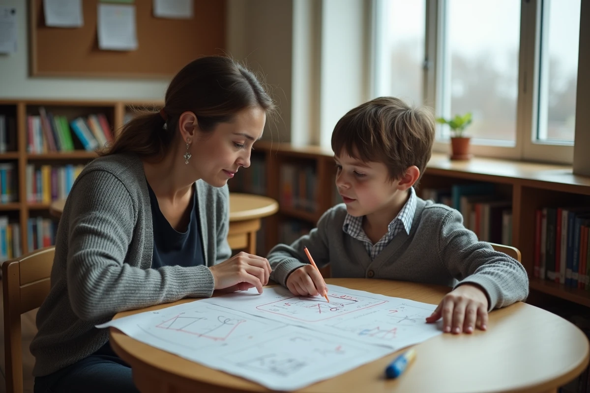 Éducatrice accompagnant un enfant dans une activité de réflexion logique à la bibliothèque scolaire, illustrant le rôle du médiateur dans la théorie piagétienne