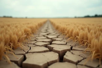 Champ de blé en monoculture avec sol érodé et appauvri, illustrant les effets négatifs de l'agriculture intensive sur les terres agricoles