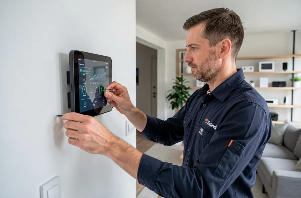 Technicien Electrolia configurant un système de domotique dans une maison contemporaine