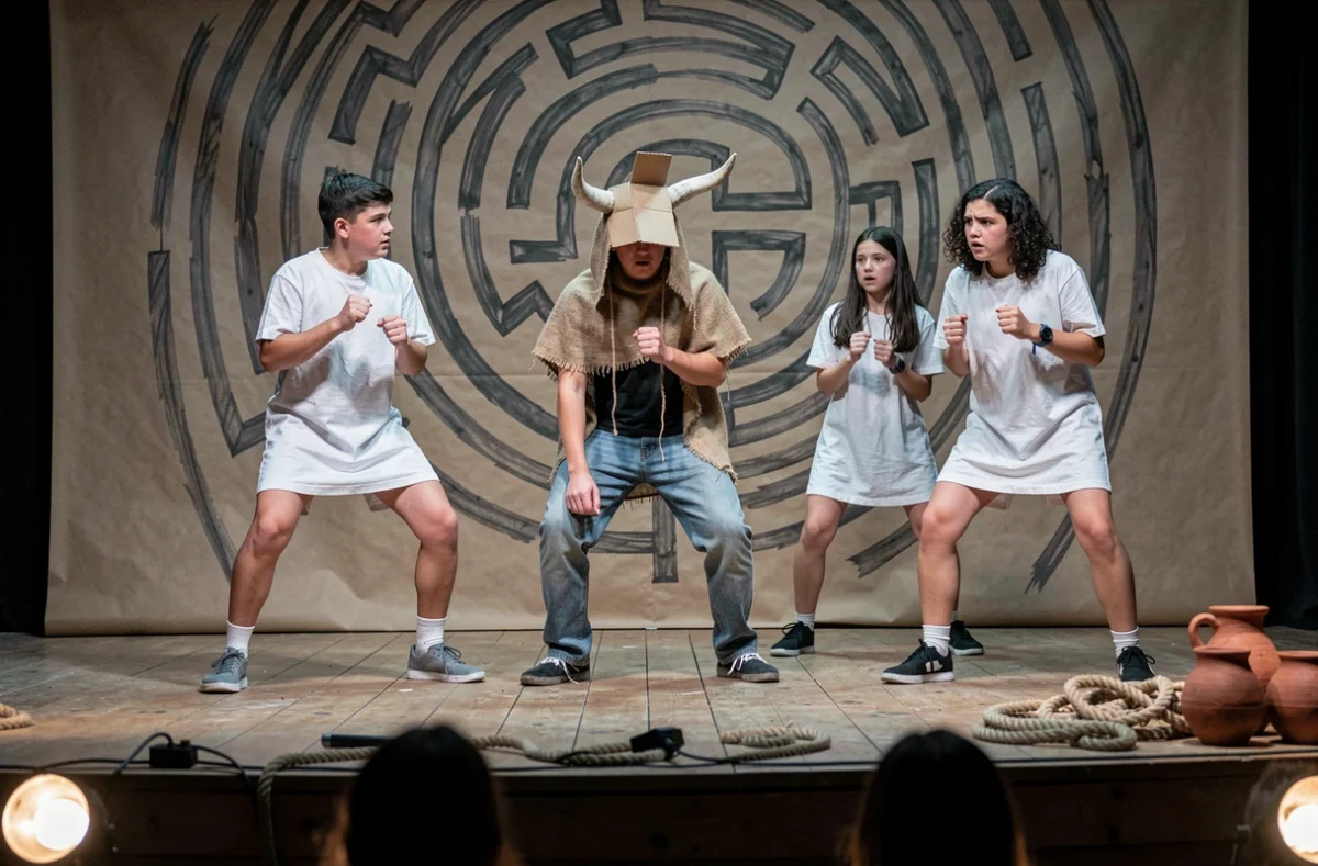 Élèves de lycée répétant le mythe du minotaure en costume sur une scène de théâtre scolaire peinte à la main