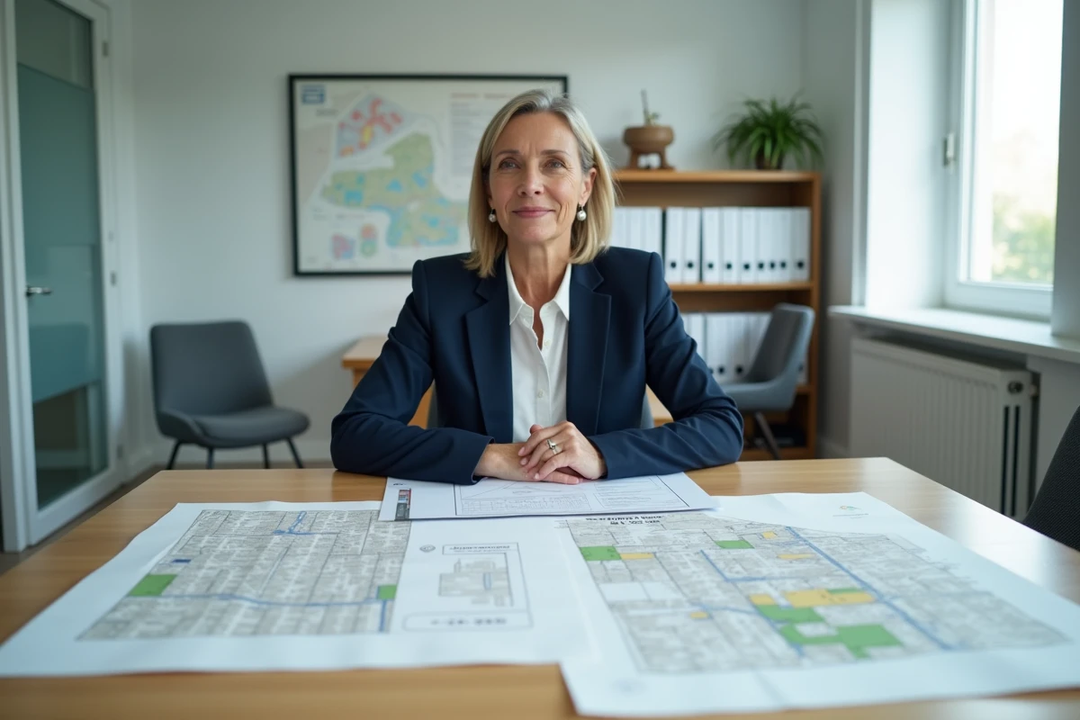 Élue municipale étudiant des plans cadastraux et des documents de zonage pour définir le périmètre d'une zone urbanisée