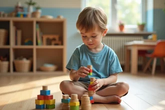 Jeune enfant qui empile des blocs en bois colorés dans une salle de classe Montessori, illustrant l'apprentissage par l'exploration selon Piaget