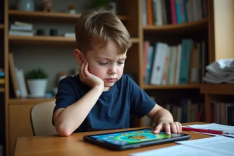 Jeune garçon frustré devant un jeu éducatif sur tablette, illustrant les inconvénients des jeux éducatifs