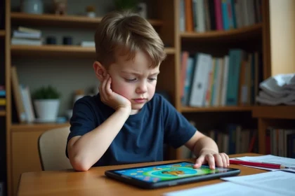 Jeune garçon frustré devant un jeu éducatif sur tablette, illustrant les inconvénients des jeux éducatifs