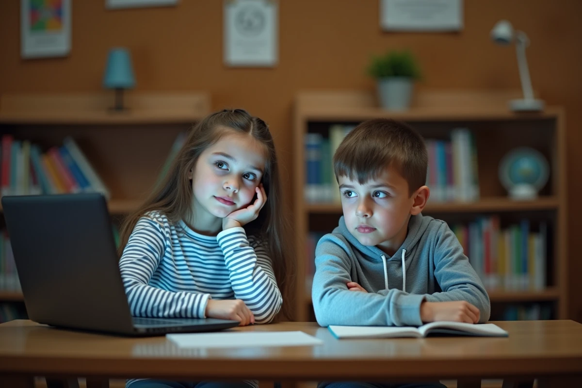 Deux enfants désengagés devant un jeu éducatif sur ordinateur portable dans une bibliothèque scolaire