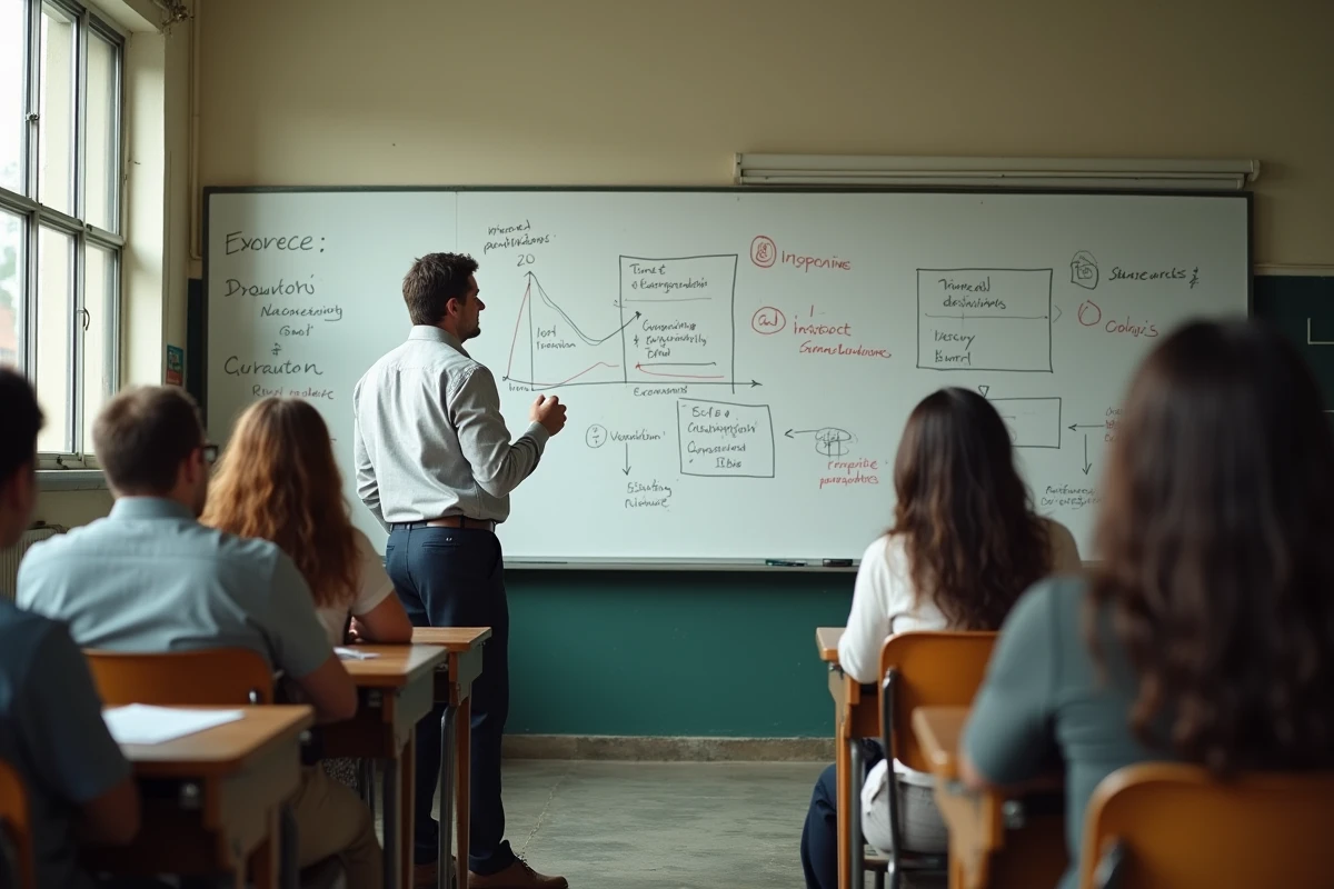Enseignant expliquant des stratégies de réduction des inégalités économiques devant un tableau blanc dans une salle de cours