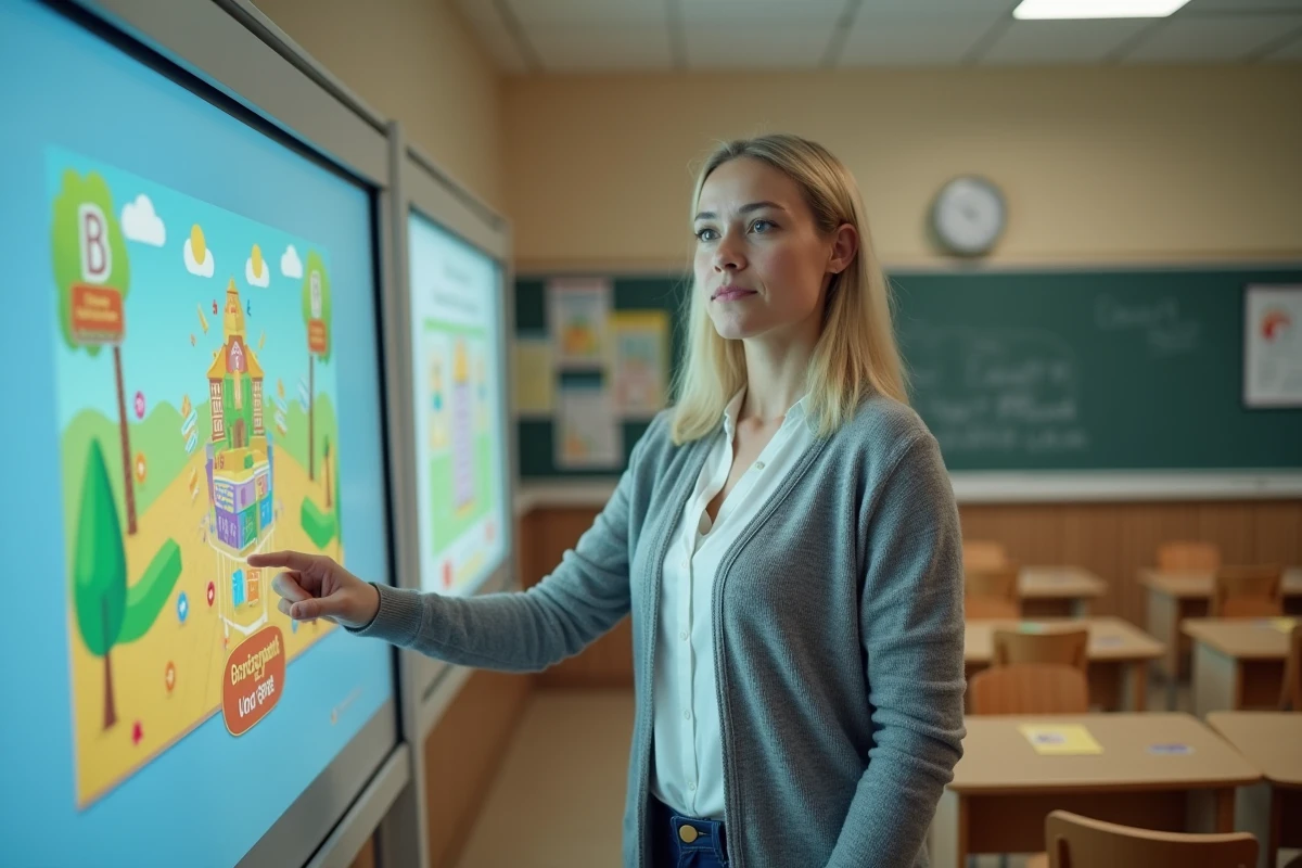 Enseignante perplexe devant un tableau interactif avec un jeu éducatif complexe en classe