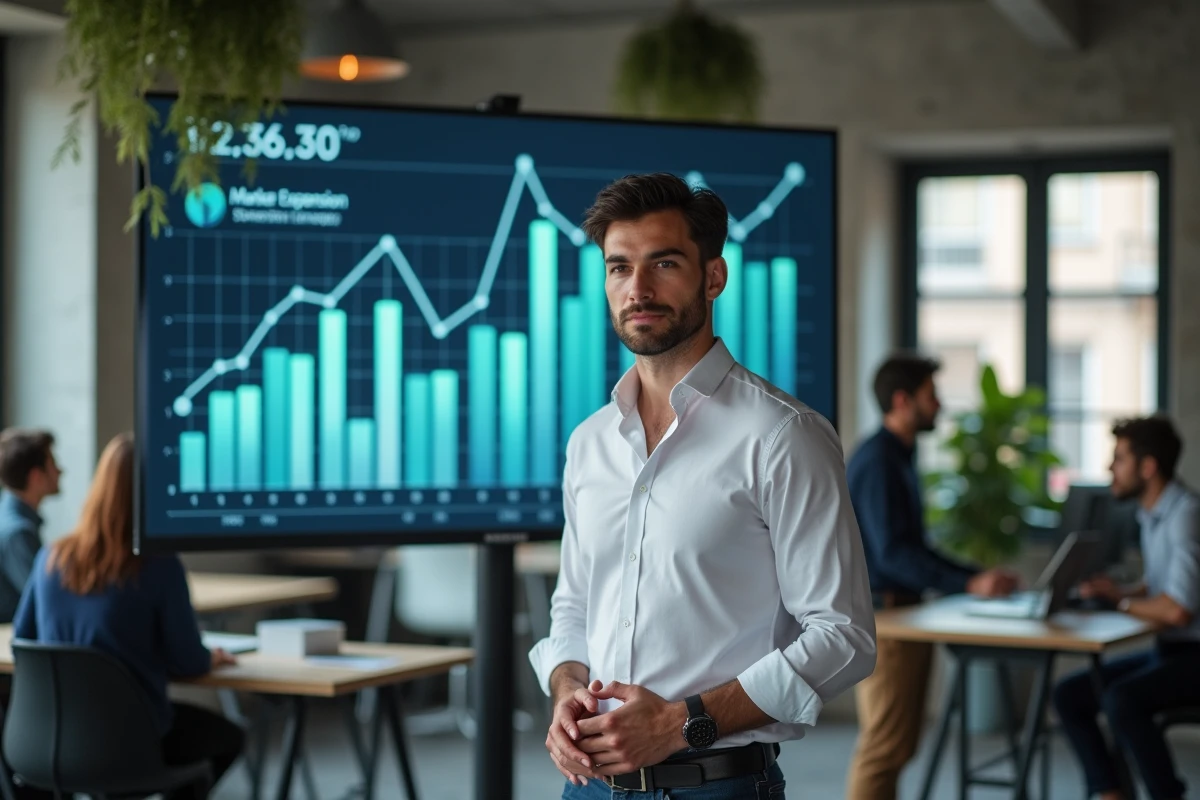 Entrepreneur présentant des graphiques de croissance de marché dans un espace de coworking moderne symbolisant un secteur en expansion