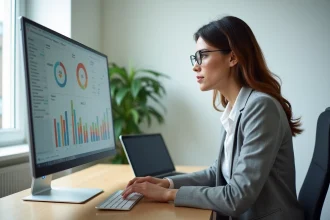 Entrepreneuse analysant des données de marketing numérique sur un écran d'ordinateur dans un bureau moderne