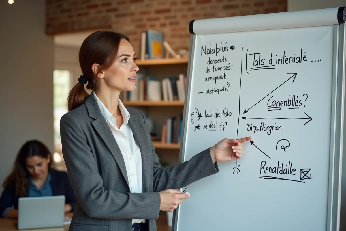 Entrepreneuse expliquant les déterminants de l'investissement devant un tableau blanc dans un espace de coworking