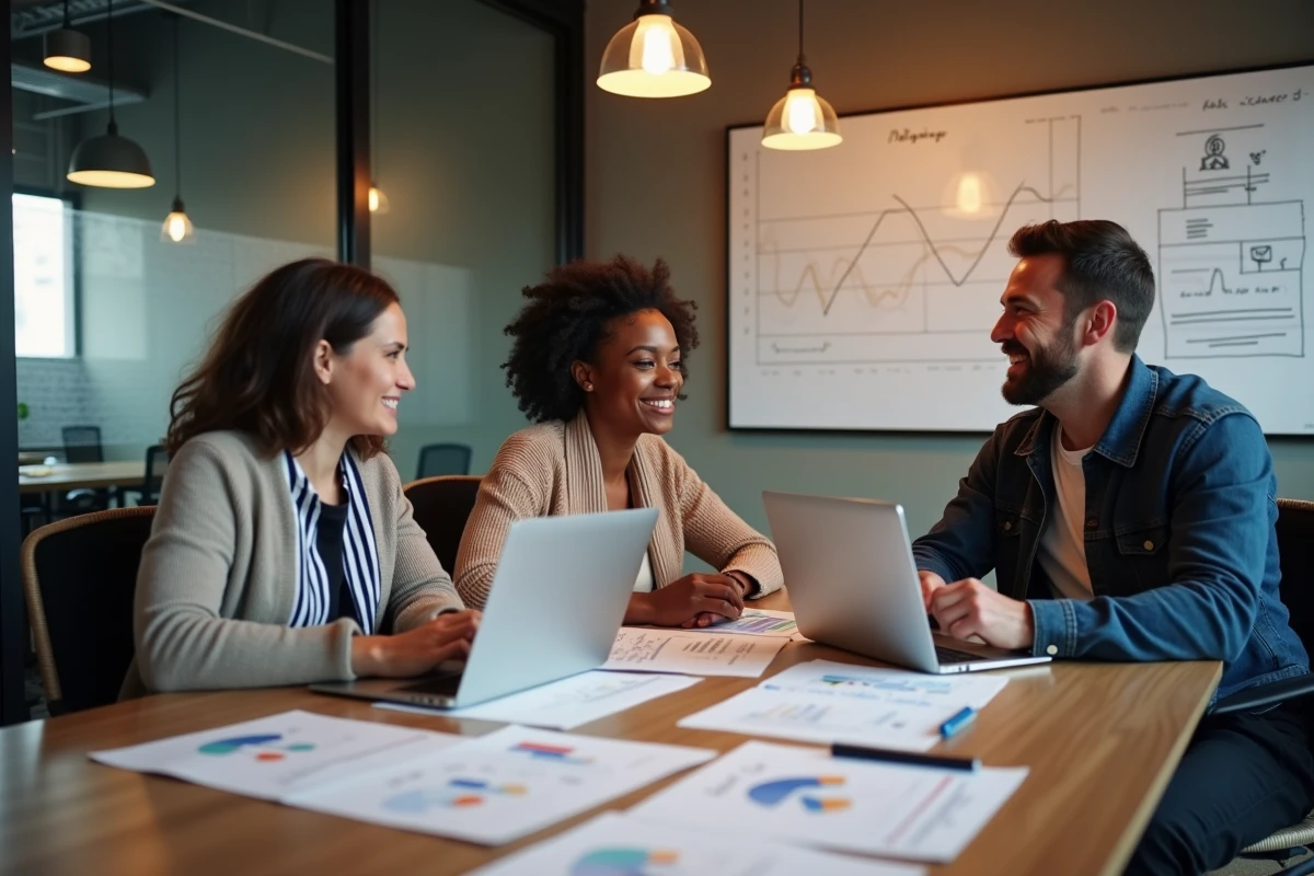 Équipe marketing collaborant autour d'une table de réunion avec des rapports de performance et des ordinateurs portables