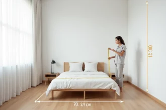 Femme mesurant l'espace autour d'un lit dans une chambre minimaliste moderne avec parquet en chêne clair