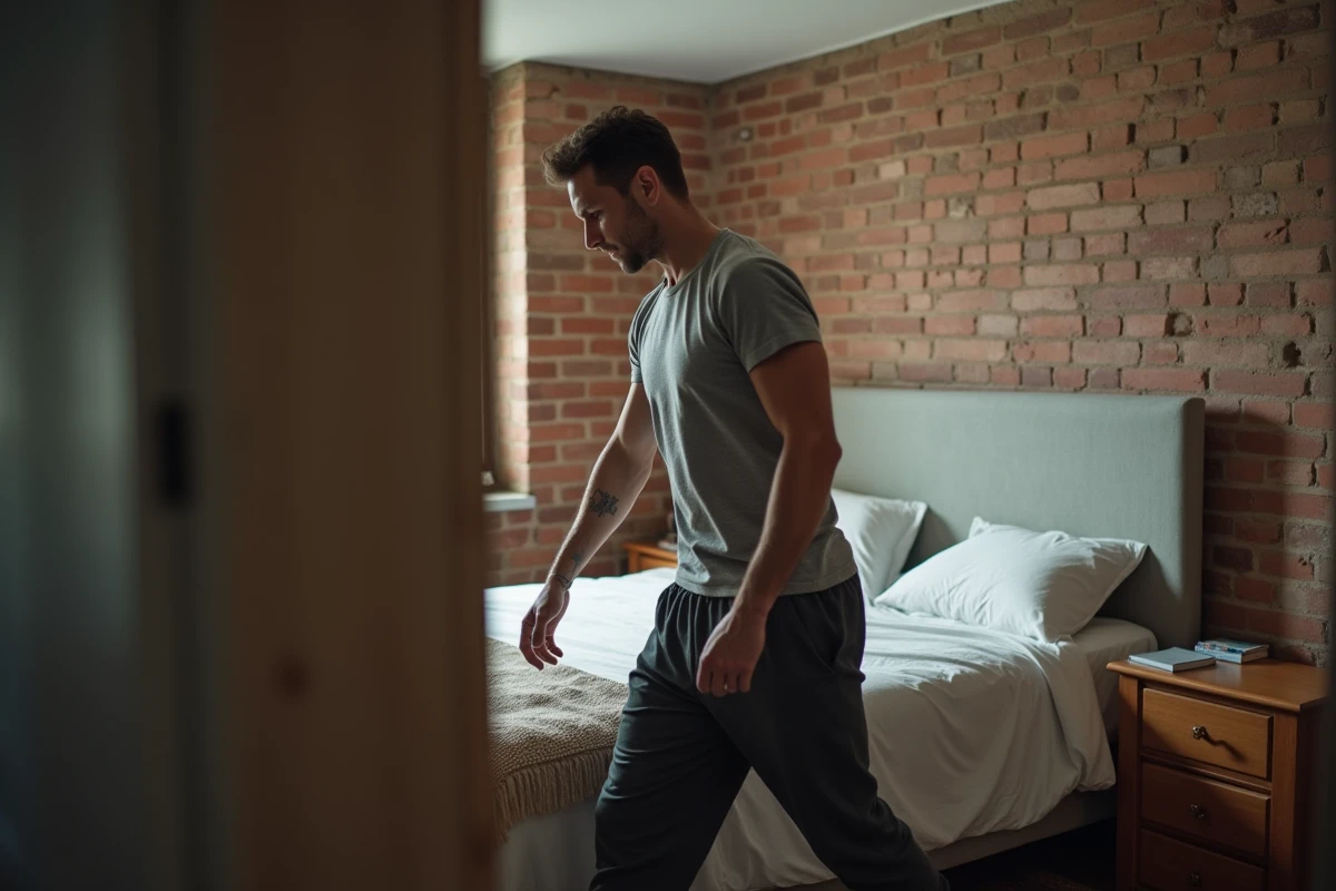 Homme naviguant dans un espace étroit entre un lit double et une commode dans un petit appartement urbain