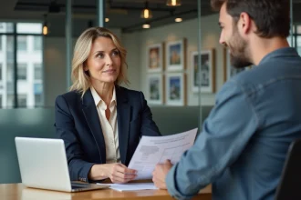 Agent immobilier remettant un document d'estimation à un client dans une agence moderne