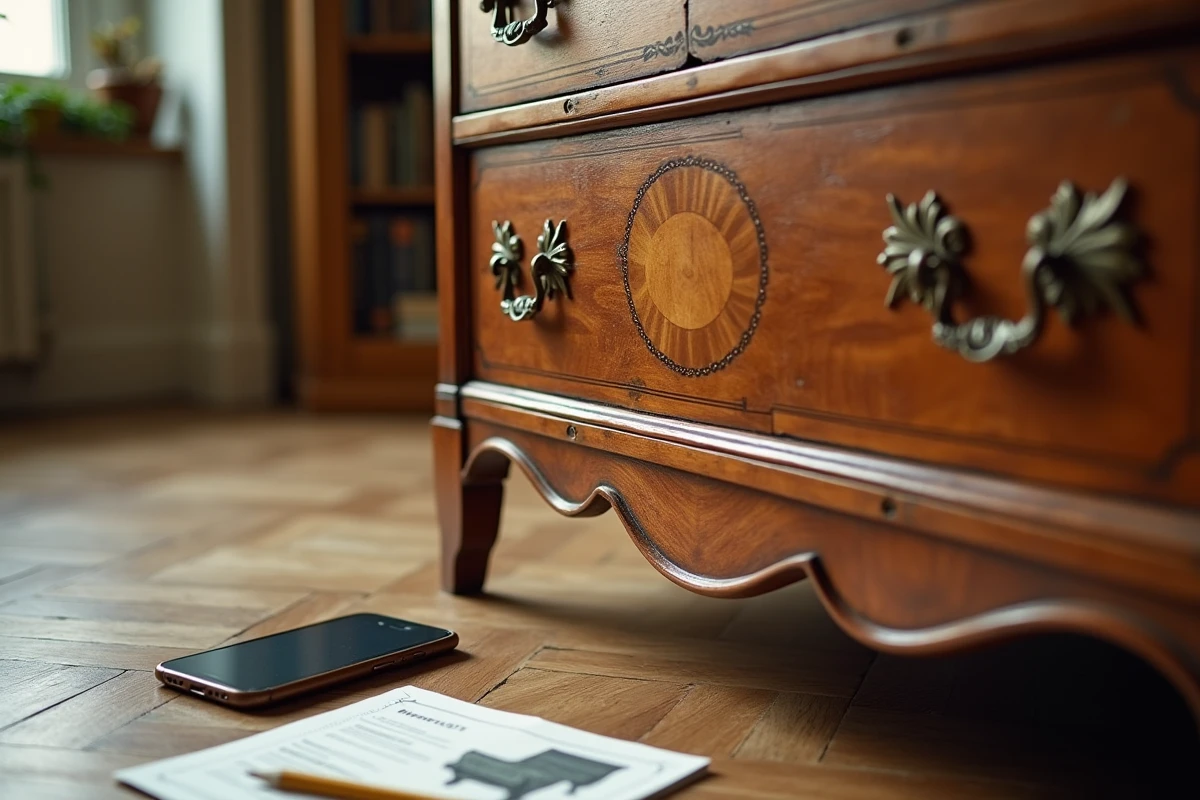 Détail d'un meuble ancien avec un smartphone affichant un site d'estimation d'antiquités