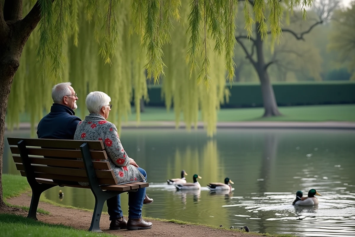 Étang paisible avec canards et couple de retraités assis sur un banc dans le plus grand parc du 93