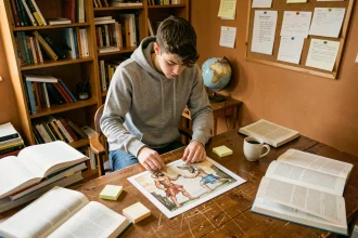 Étudiant préparant un exposé sur les dieux du feu de la mythologie grecque avec des livres et illustrations d'Héphaïstos et Prométhée sur un bureau en bois