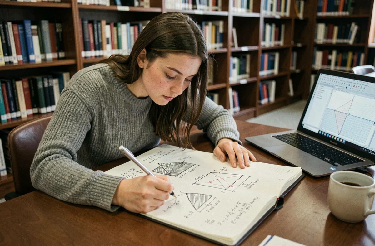 Étudiante en bibliothèque dessinant des schémas annotés de volume de triangle en 3D dans un cahier d'ingénieur