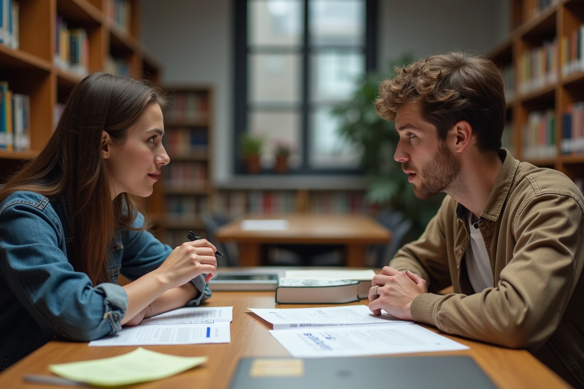 Deux étudiants révisant les règles du participe passé avec un exercice de grammaire française en bibliothèque