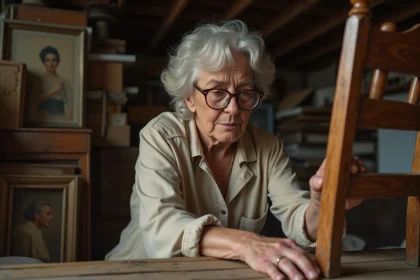 Femme évaluant un vieux meuble en bois dans un grenier encombré d'objets anciens