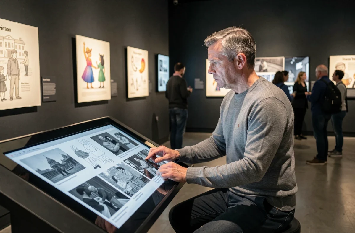 Visiteur interagissant avec une borne numérique retraçant les coulisses des films Pixar