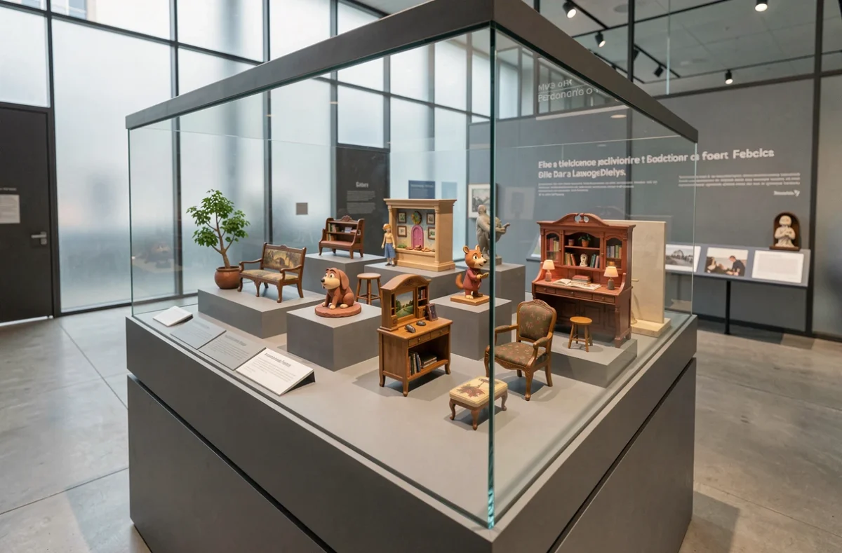 Maquettes et modèles miniatures des décors Pixar exposés dans des vitrines de musée