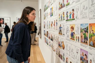 Visiteuse admirant des storyboards et concept arts de films Pixar lors d'une exposition muséale