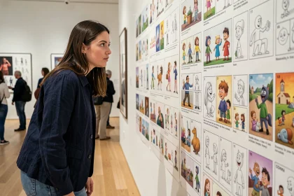 Visiteuse admirant des storyboards et concept arts de films Pixar lors d'une exposition muséale