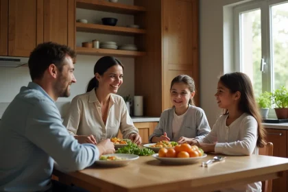 Famille recomposée réunie autour d'un repas dans une cuisine chaleureuse, avec un père, sa nouvelle compagne et deux enfants partageant un moment de vie quotidienne
