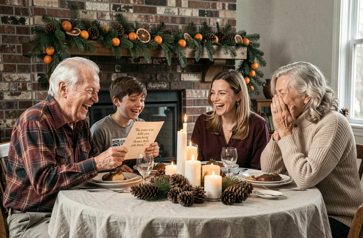 Famille multigénérationnelle riant ensemble autour d'une table de Noël après lecture d'une citation humoristique de fêtes