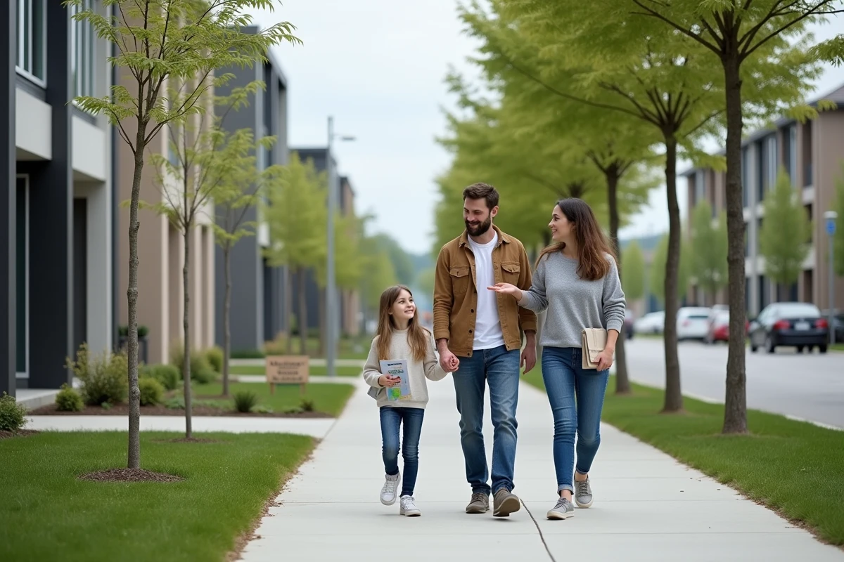 Famille visitant un quartier résidentiel moderne avec panneau immobilier lors d'une recherche de logement