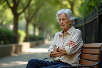 Femme âgée de 72 ans qui s'étire dans un parc urbain, illustrant la diminution de la mobilité avec l'âge