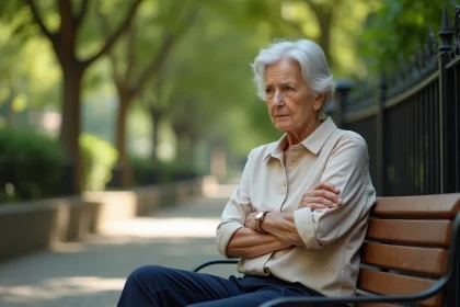 Femme âgée de 72 ans qui s'étire dans un parc urbain, illustrant la diminution de la mobilité avec l'âge