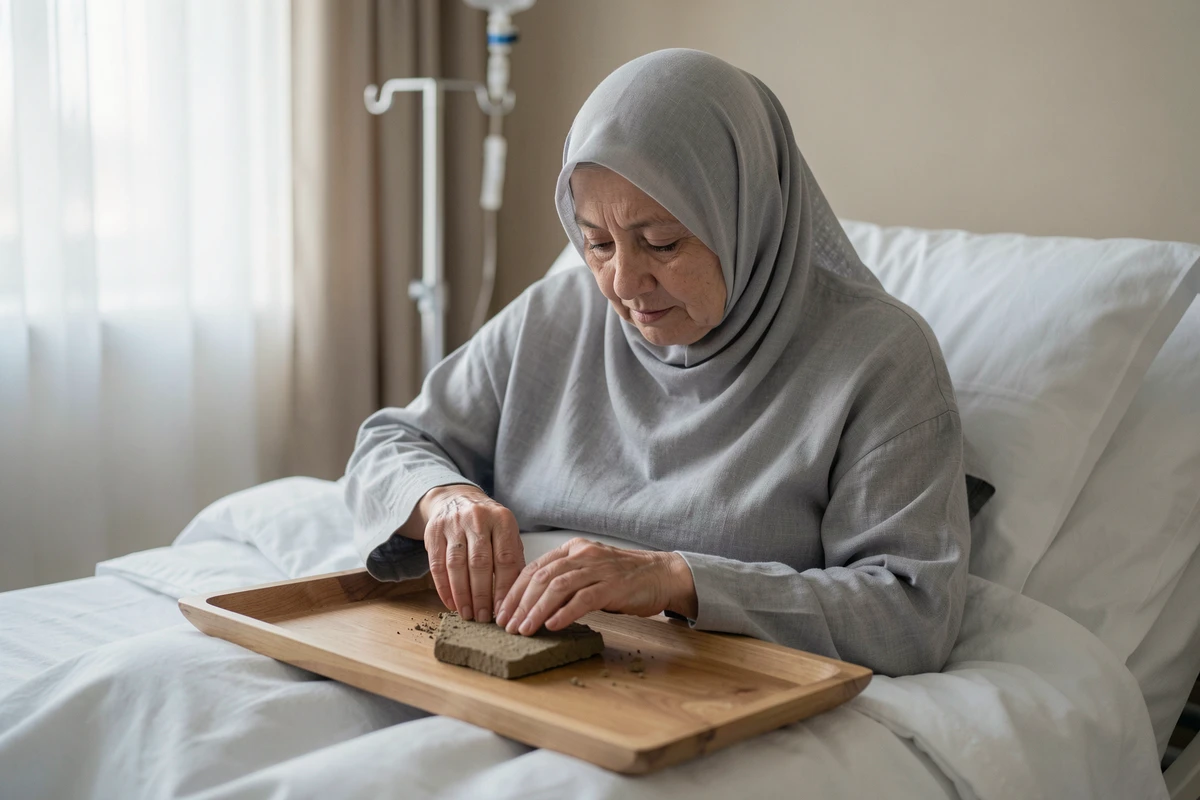 Femme âgée en hijab réalisant le tayammum au lit dans une chambre d'hôpital