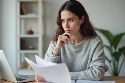 Femme analysant un document imprimé pour détecter s'il a été écrit par une intelligence artificielle