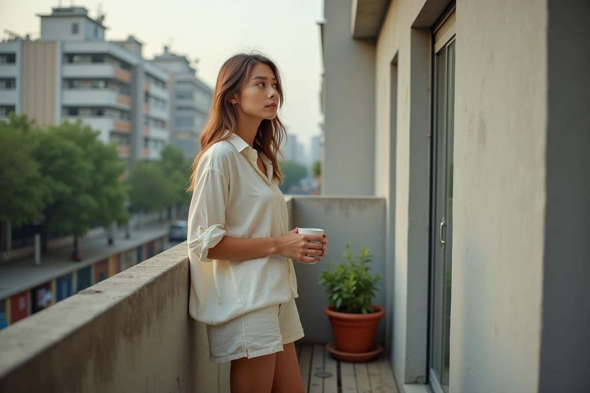 Jeune femme paisible sur un balcon minimaliste tenant une tasse en céramique, regardant la ville avec sérénité, évoquant le bonheur simple du minimalisme
