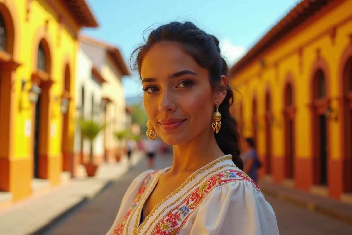 Femme colombienne en tenue traditionnelle brodée sur une plaza colorée de Carthagène des Indes