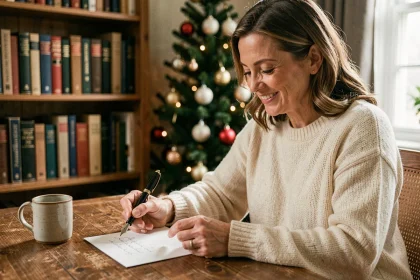 Femme souriante écrivant une citation de Noël humoristique sur une carte manuscrite dans un bureau chaleureux décoré pour les fêtes