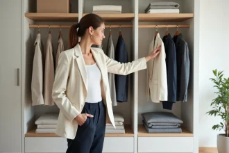 Femme devant une garde-robe capsule minimaliste organisée avec des vêtements neutres et épurés