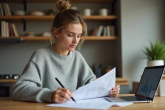 Femme consultant un budget mensuel imprimé avec un ordinateur portable affichant une application de gestion financière personnelle