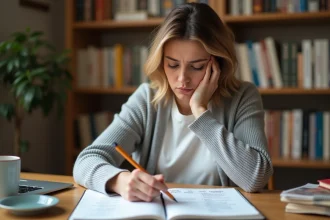 Femme étudiant les accords du participe passé dans un manuel de grammaire française avec des notes manuscrites