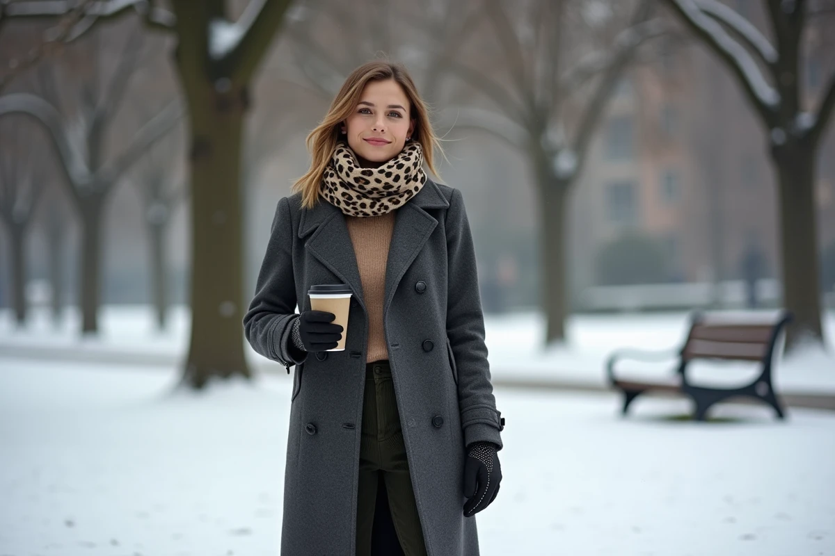 Femme chic habillée chaudement en hiver dans un parc enneigé avec manteau long en laine et écharpe léopard